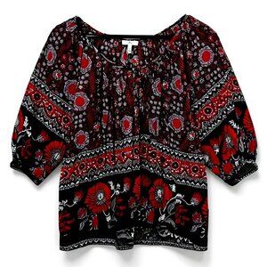 Joie Boho Floral Peasant Top Tie Neck Red Black Puff Sleeve Size S